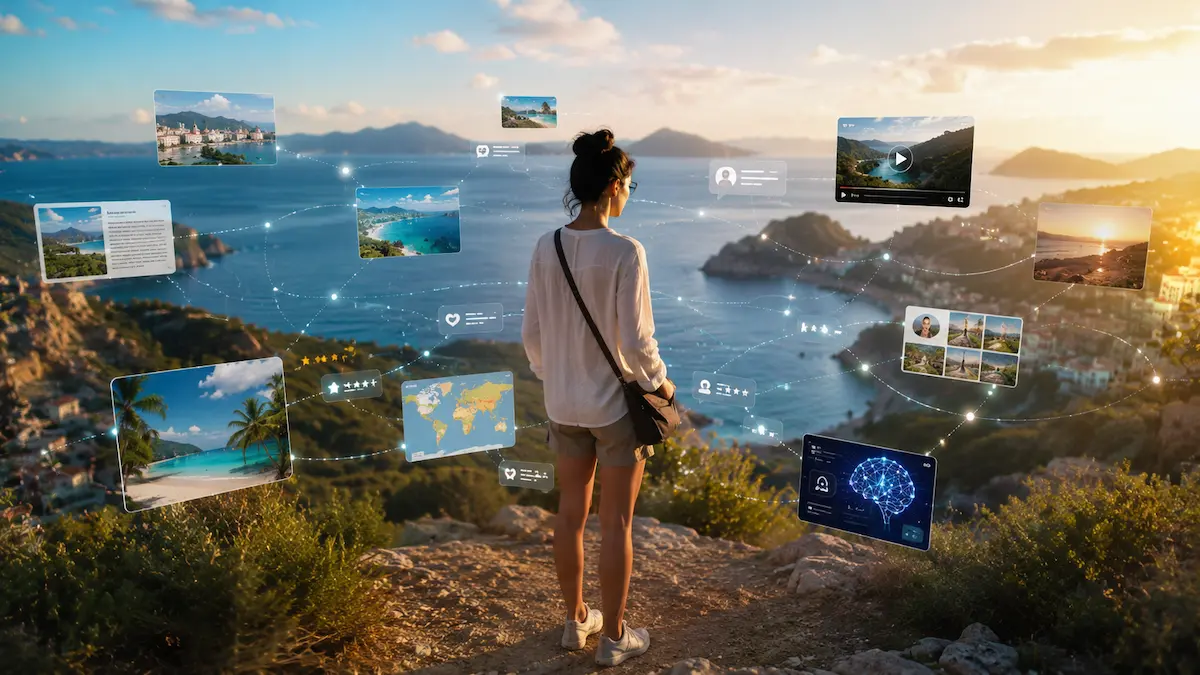 Traveller navigating multiple connected travel information sources within a modern travel discovery ecosystem