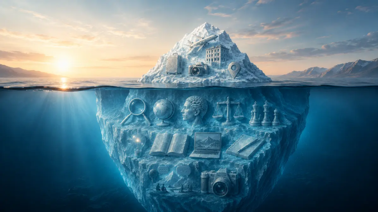 Iceberg illustrating the travel discovery process, showing research, understanding, and decision-making beneath the visible travel experience.