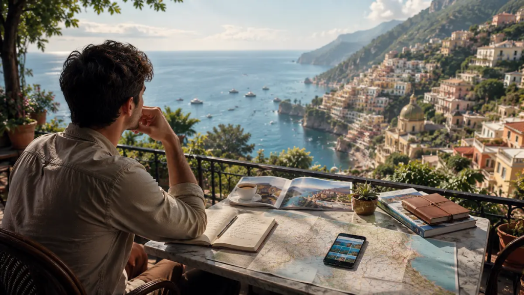 Image showing travel discoverability by conducting  research for a future destination from a coastal café using maps, notes and travel resources before making travel decisions.