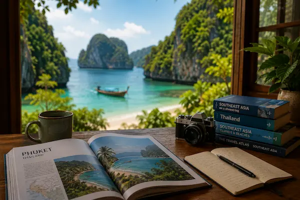 Travel research workspace overlooking a tropical Southeast Asian destination with guidebooks, maps and travel planning materials.