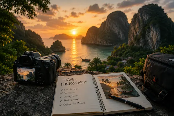 Travel photography scene featuring a camera, photography notes and a dramatic Southeast Asian coastal landscape at sunset.