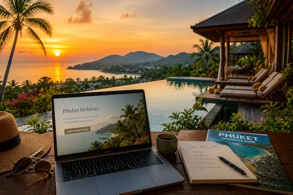 Luxury Phuket holiday planning scene overlooking a tropical coastline with resort accommodation and travel planning materials.