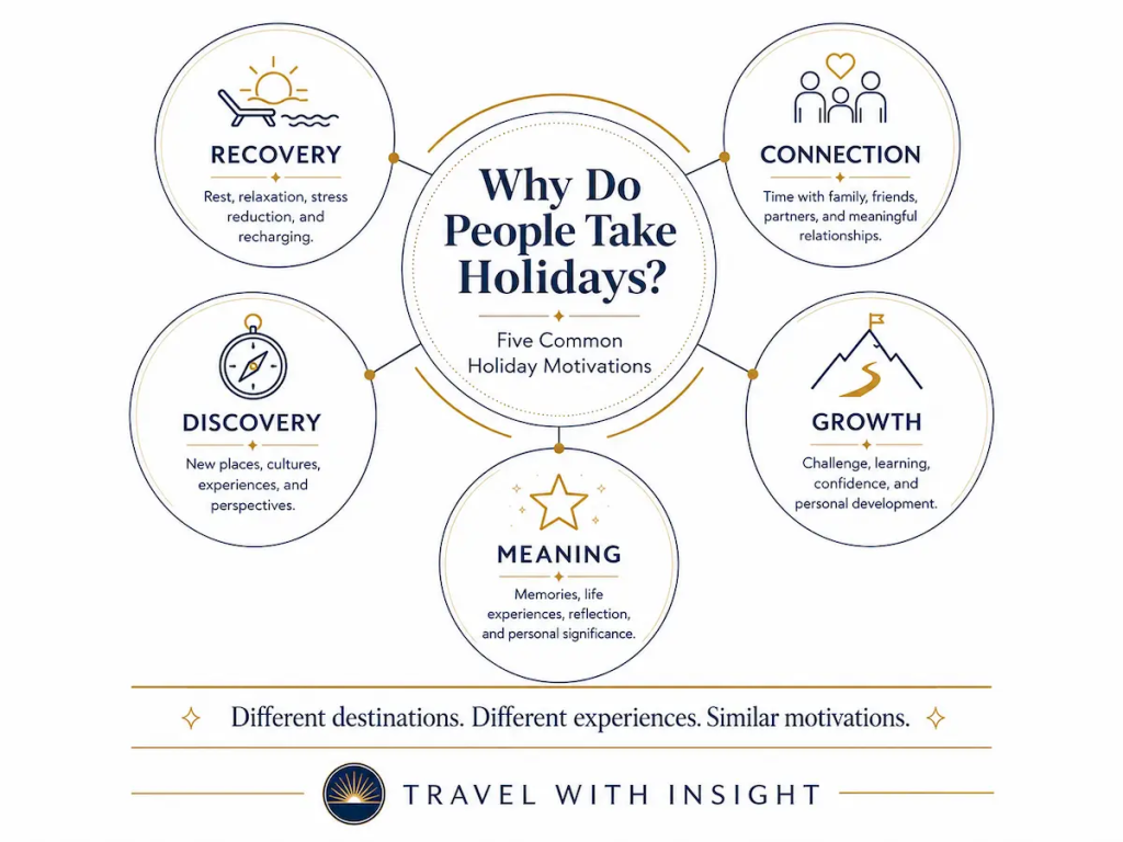 Travel With Insight infographic showing five common reasons for why do people take holidays recovery, connection, discovery, growth, and meaning.