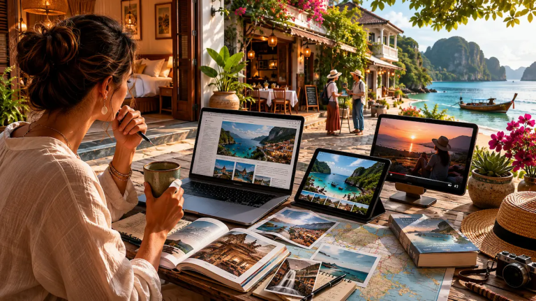 Traveller researching multiple information sources that show how travellers discover travel businesses online before making travel decisions