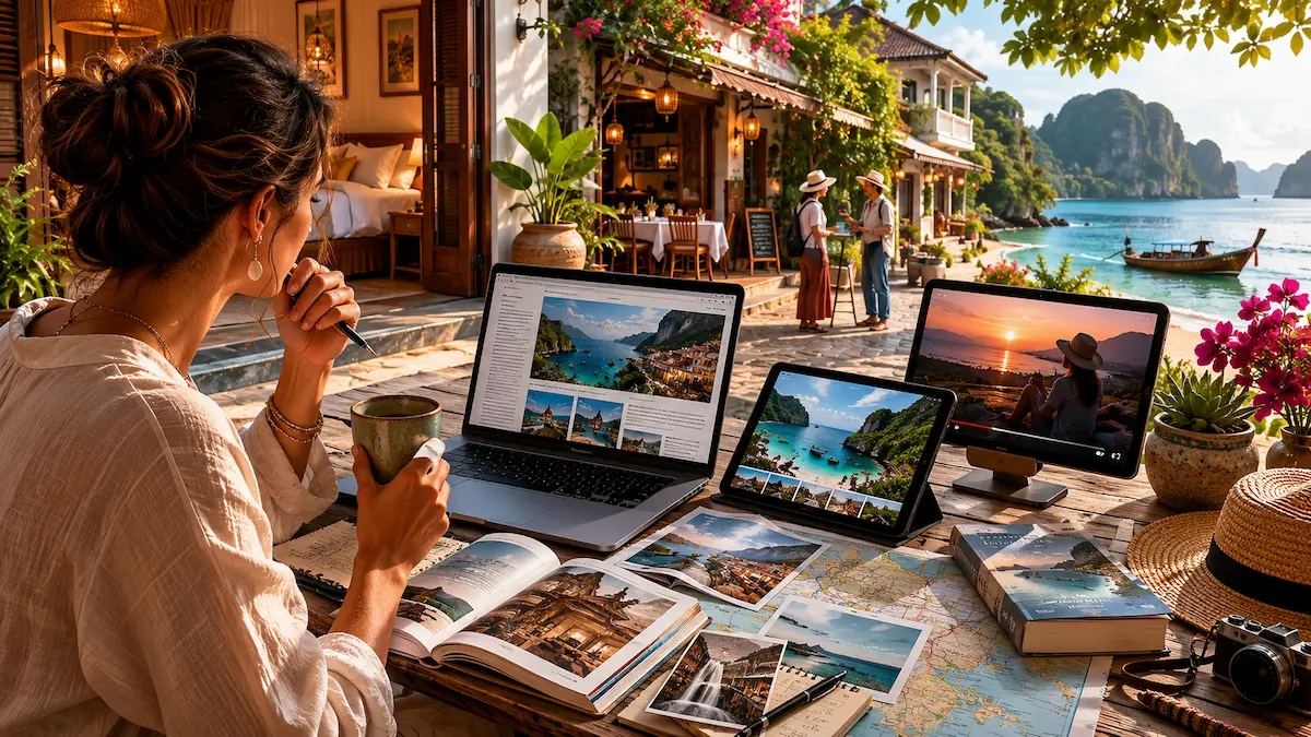Traveller researching multiple information sources that show how travellers discover travel businesses online before making travel decisions