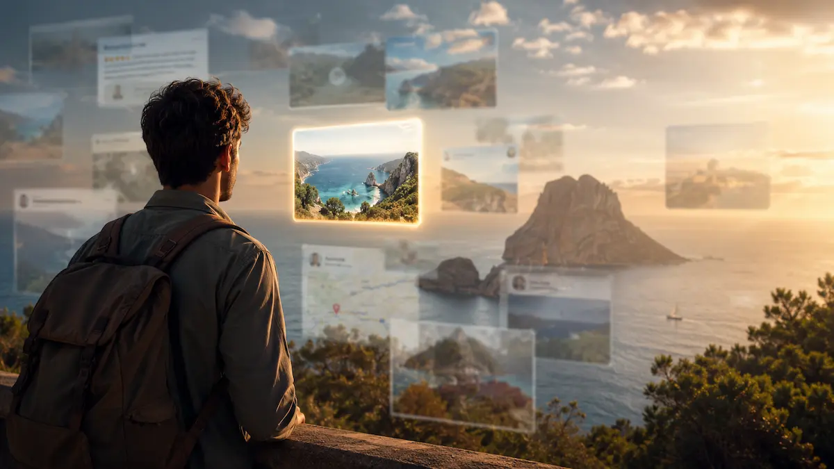 Traveller evaluating travel information from multiple sources illustrating the trust in travel discovery process.
