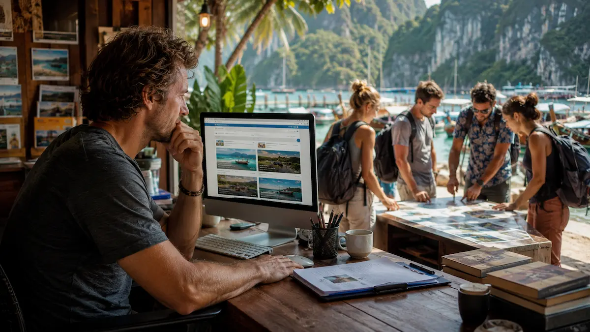Travel business owner reviewing website traffic while travellers research and compare experiences before booking, illustrating why website traffic and no bookings can occur.