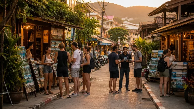 Travellers researching and comparing tourism experiences in Phuket, illustrating the relationship between website traffic vs bookings and traveller decision-making.