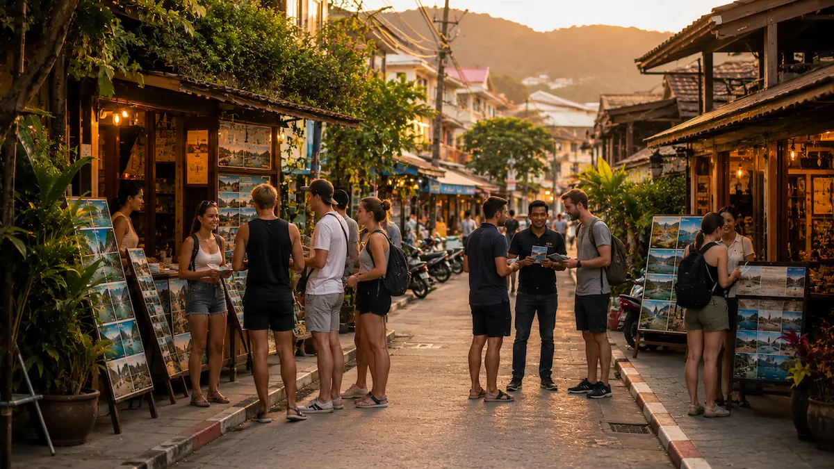 Travellers researching and comparing tourism experiences in Phuket, illustrating the relationship between website traffic vs bookings and traveller decision-making.
