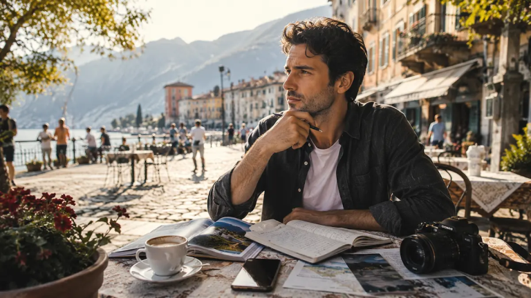 Traveller evaluating travel options at a destination café, illustrating what influences travel decisions before booking or enquiry
