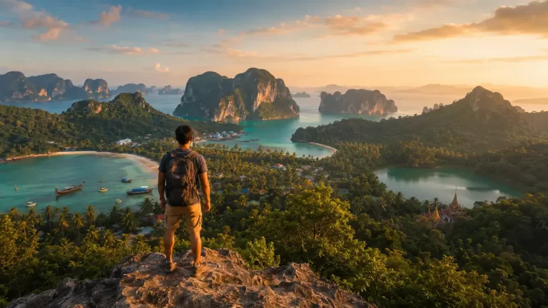 Lone traveller overlooking the diverse landscapes of Southern Thailand, including tropical islands, limestone cliffs, rainforest and turquoise coastline, deciding where to go in Southern Thailand