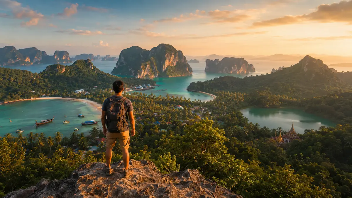 Lone traveller overlooking the diverse landscapes of Southern Thailand, including tropical islands, limestone cliffs, rainforest and turquoise coastline, deciding where to go in Southern Thailand
