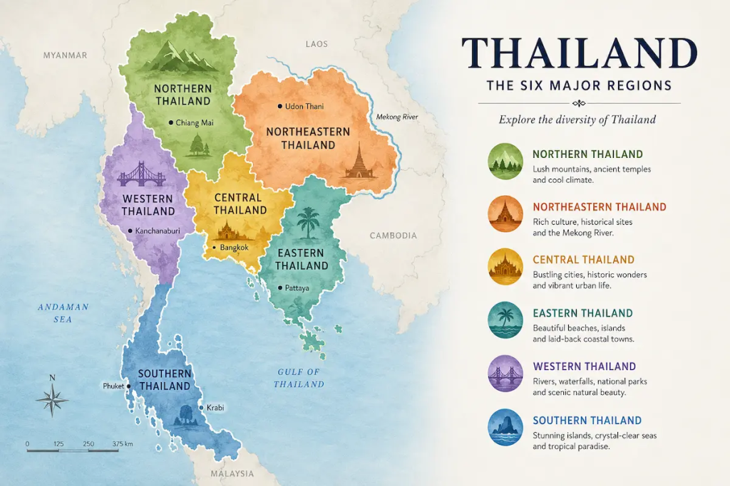 Map showing Thailand's six major travel regions, including Northern, Northeastern, Central, Eastern, Western and Southern Thailand to help travellers choose where to go in Thailand.