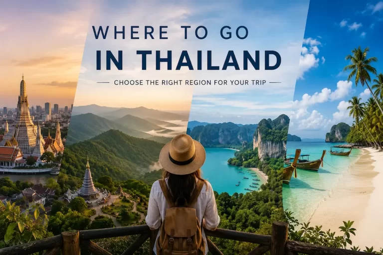 Traveller overlooking Thailand's diverse landscapes while choosing where to go in Thailand, featuring mountains, temples, tropical islands and beautiful coastlines.