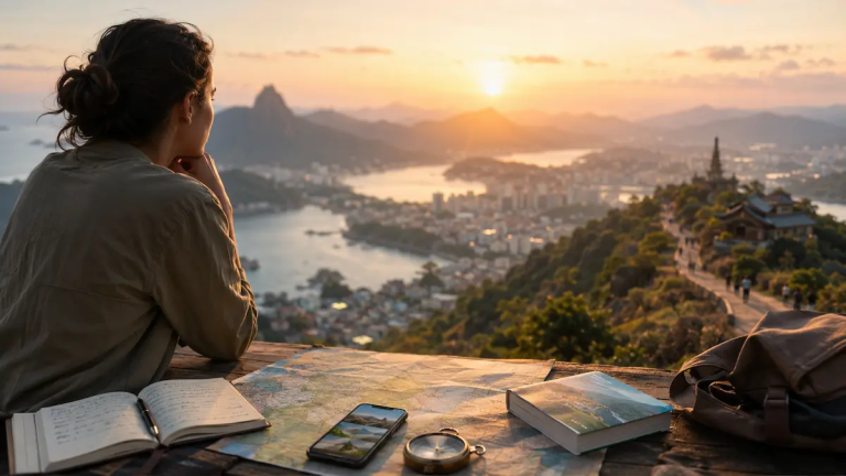 Traveller researching a destination with a map, notebook and travel guide while overlooking a city at sunrise, illustrating the travel business discovery process before making travel decisions.
