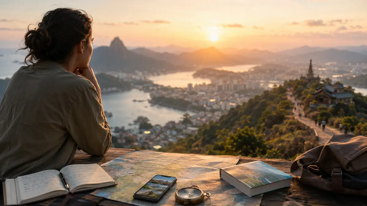 Traveller researching a destination with a map, notebook and travel guide while overlooking a city at sunrise, illustrating the travel business discovery process before making travel decisions.