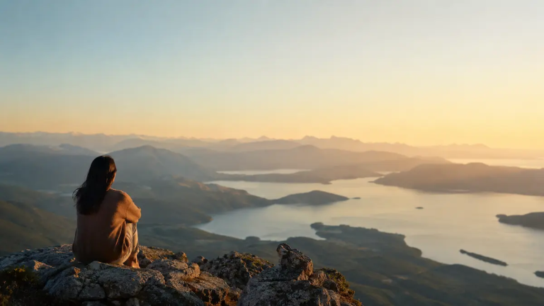 Traveller reflecting at a scenic viewpoint at sunrise, representing the Travel With Insight philosophy of thoughtful exploration and understanding.