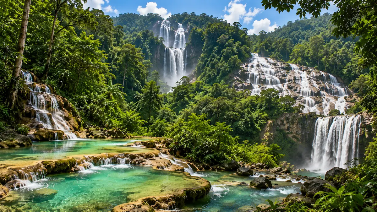Beautiful Waterfalls In Thailand featuring towering rainforest cascades, turquoise limestone pools and tropical scenery inspired by Thailand's most iconic waterfalls.