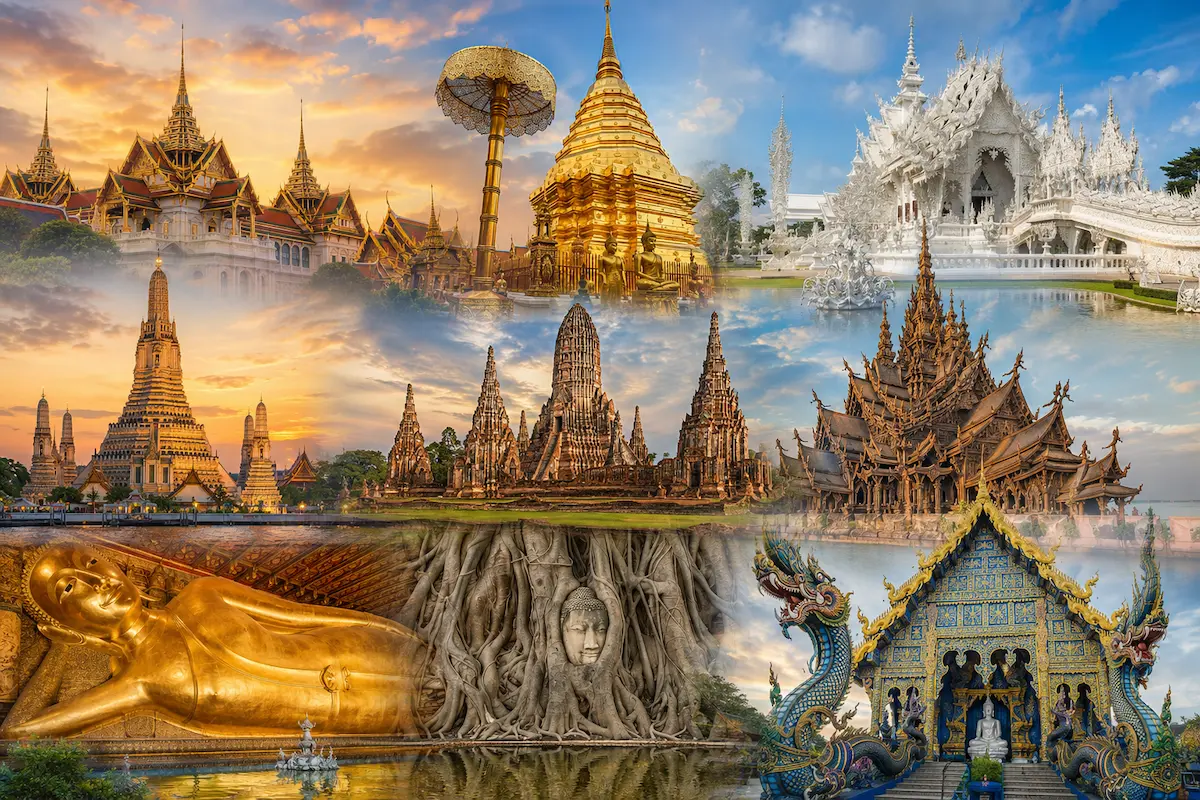 A collage of some of the best temples in Thailand, including Wat Phra Kaew, Wat Arun, Wat Pho, the White Temple, Wat Mahathat, the Blue Temple and the Sanctuary of Truth.