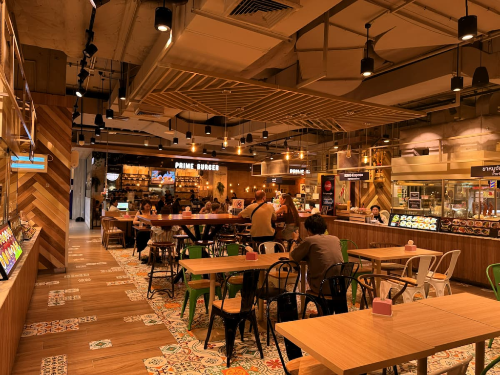 Dining area and food counters inside Central Patong Food Hall