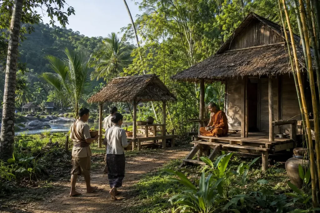 Interpretive reconstruction of an early Buddhist monastic settlement in Patong, Phuket showing a monk's kuti, open sala and villagers offering alms in the early 1800s.