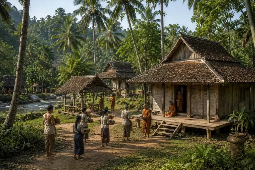 Interpretive reconstruction of an early village Buddhist temple in Patong, Phuket with a modest timber ubosot, monk residences and surrounding tropical landscape.