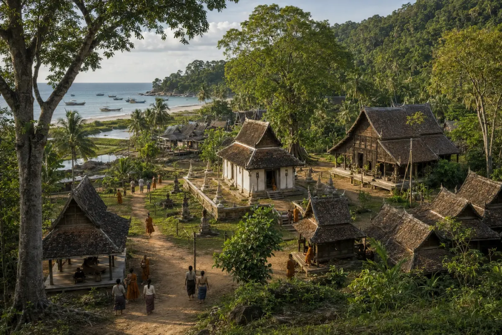Interpretive reconstruction of an established Buddhist village monastery in Patong, Phuket with a timber ubosot, monk residences, salas and surrounding tropical forest.