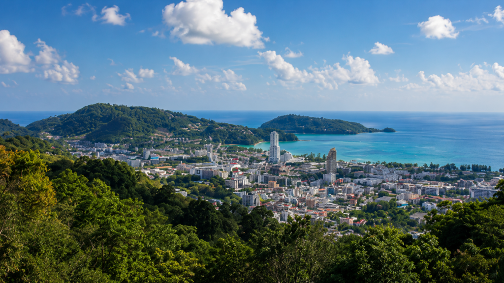 Panoramic view of Patong Bay and Patong Beach in Phuket, Thailand, featured in this Patong Travel Guide.