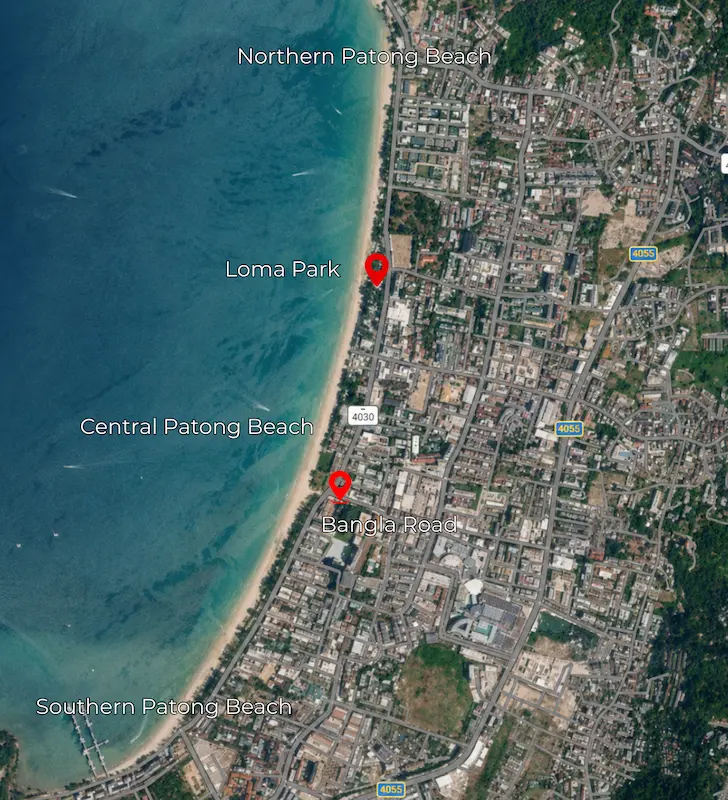 Satellite map showing the northern, central and southern sections of Patong Beach with Loma Park and Bangla Road marked for orientation.