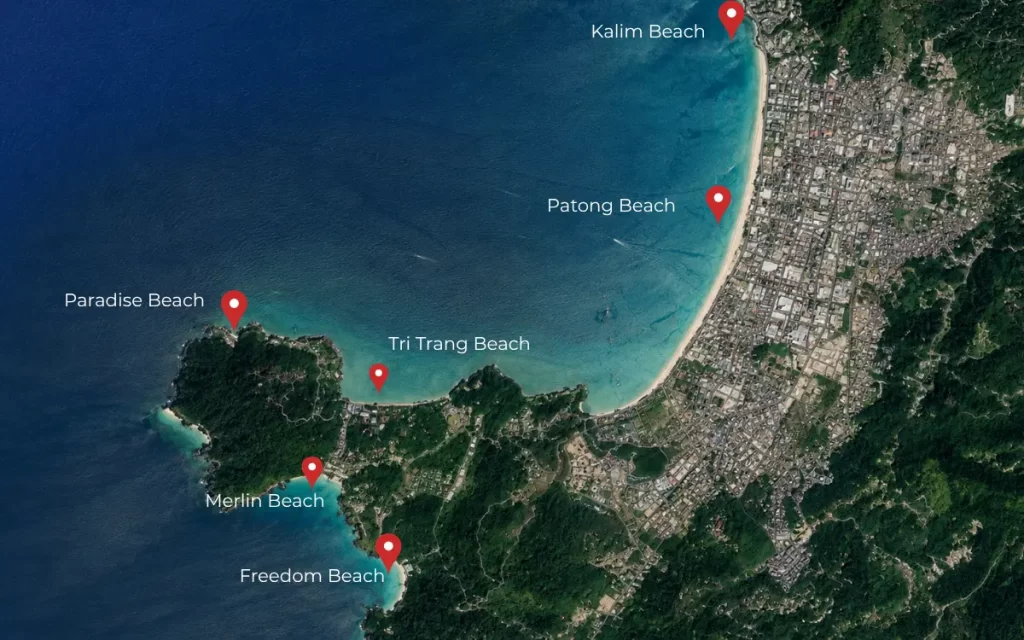 Patong travel guide map showing the location of Patong Beach, Freedom Beach, Merlin Beach, Tri Trang Beach, Paradise Beach and Kalim Beach along Phuket's west coast.
