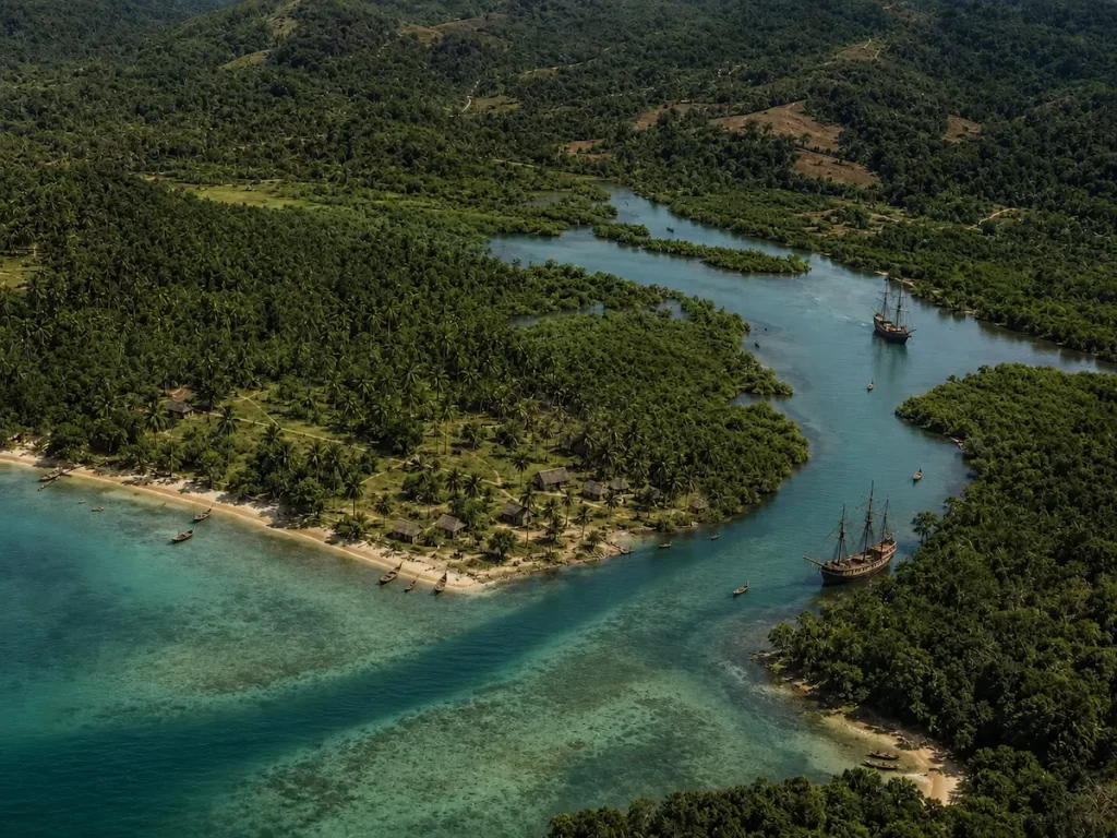 Historical reconstruction of Patong Creek in Phuket showing the sheltered estuary, early coastal settlement and sailing ships around 1800.