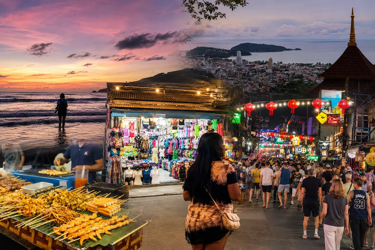 Collage showing Patong Beach, local street food, shopping, Bangla Road and a panoramic viewpoint for planning your first visit to Patong.