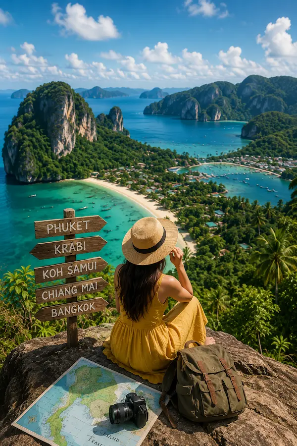 Thailand travel guide showing a traveller overlooking Thailand's diverse landscapes while deciding where to go, representing the country's regions, islands and travel destinations.
