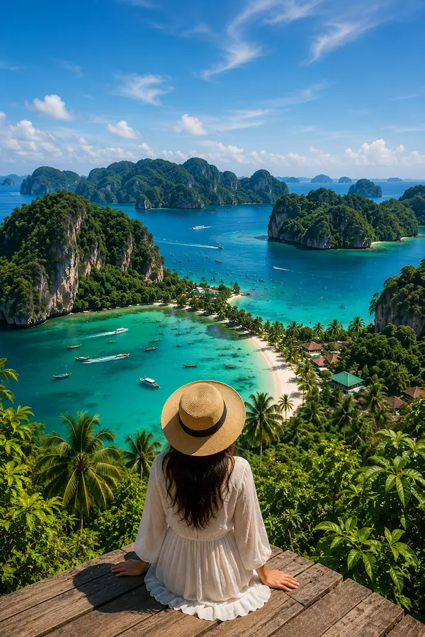 Thailand travel guide featuring the spectacular islands of Thailand with turquoise waters, limestone cliffs, tropical beaches and a traveller overlooking the island landscape.