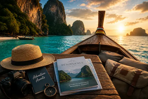 Thailand travel guide featuring a traditional longtail boat and tropical coastline, representing authentic travel experiences with Resurgence Travel.
