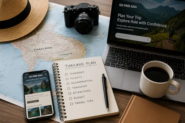 Thailand travel guide planning workspace with a map, notebook, laptop and travel essentials, representing planning a Thailand holiday.