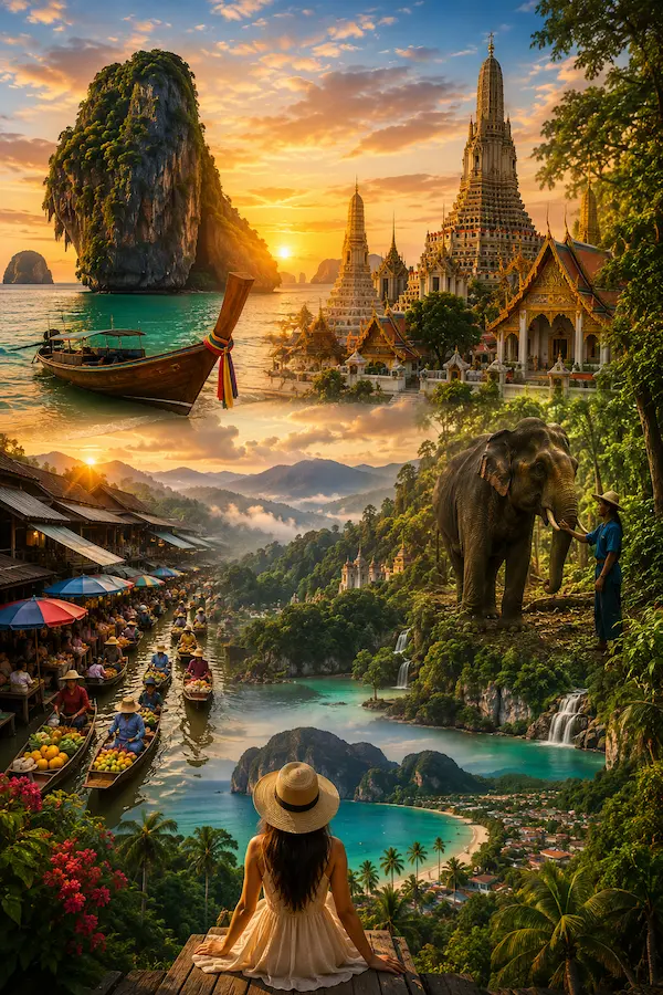 Thailand travel guide featuring iconic temples, tropical islands, limestone cliffs, local culture and breathtaking landscapes that showcase why travellers visit Thailand.