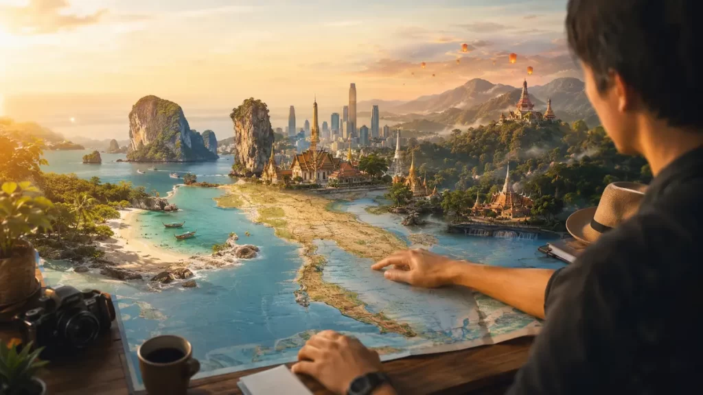 Traveller exploring a map of Thailand with iconic destinations emerging across the country, representing Thailand travel guides and destination discovery.