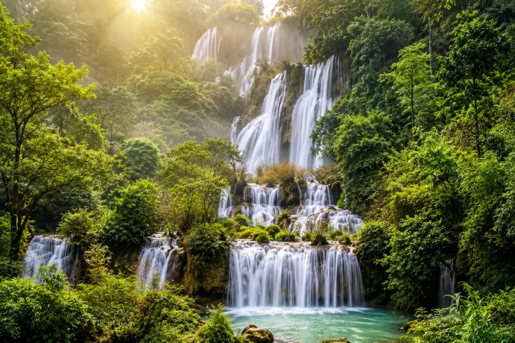 Beautiful Waterfalls In Thailand: Thi Lo Su Waterfall in Tak Province cascading through lush rainforest, the country's largest waterfall.