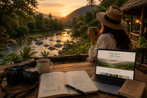 Travel publication featuring a traveller reflecting beside a riverside retreat with a camera and journal, representing experiential travel storytelling, slower travel and meaningful real-world experiences.