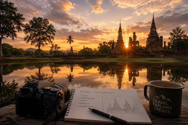 Travel publication featuring a camera, notebook and historic Thai temple at sunrise, representing photography education, visual storytelling and practical travel photography.