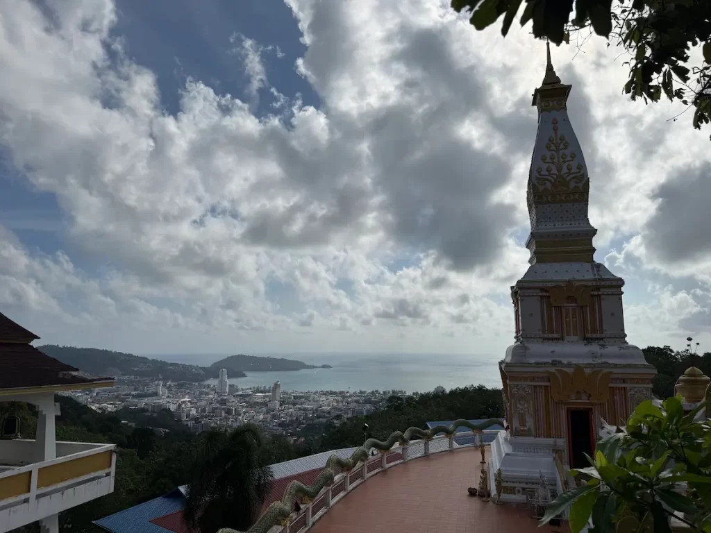 Phra Maha Chedi at Wat Doi Thep Nimit overlooking Patong Bay from the peaceful hillside monastery in Phuket.