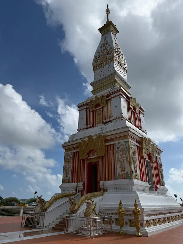 Phra Maha Chedi Phurithatto at Wat Doi Thep Nimit in Phuket, showing its distinctive northeastern Thai architectural design.