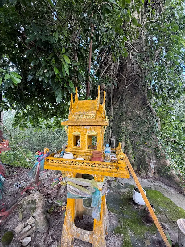 Traditional Thai spirit house beneath a large tree at Wat Doi Thep Nimit in Phuket.