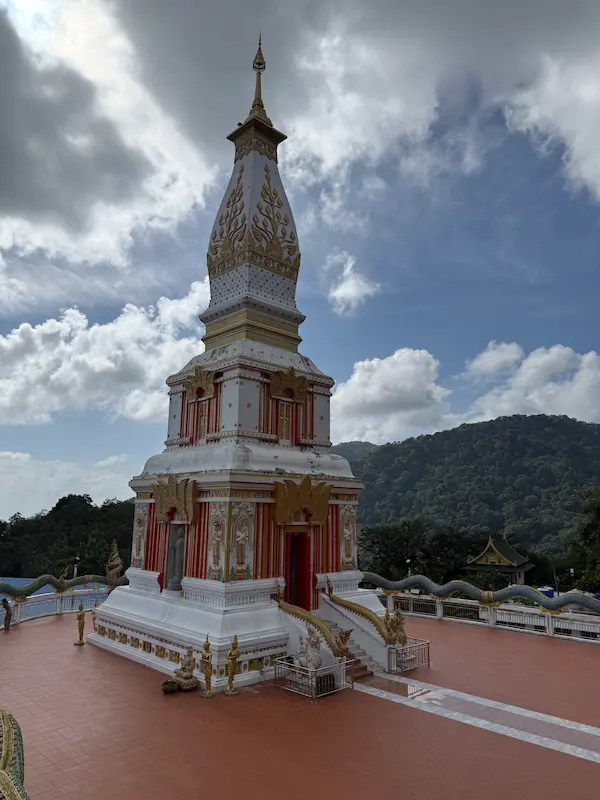 View of the Phra Maha Chedi from the Bell Pavilion at Wat Doi Thep Nimit in Phuket.