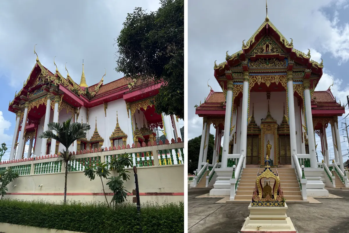 Front and side views of the ubosot at Wat Suwan Khiri Wong Patong in Phuket, Thailand