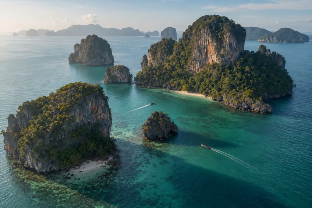 Longtail boats travelling between limestone islands in Southern Thailand’s Andaman Sea