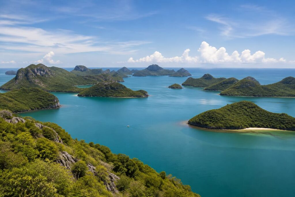 View across the forested islands and turquoise water of Ang Thong National Marine Park near Koh Samui.
