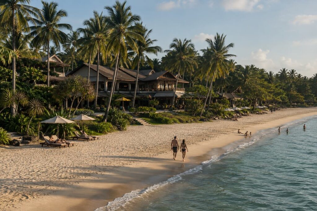 Low-rise tropical resort overlooking a sandy beach in Southern Thailand