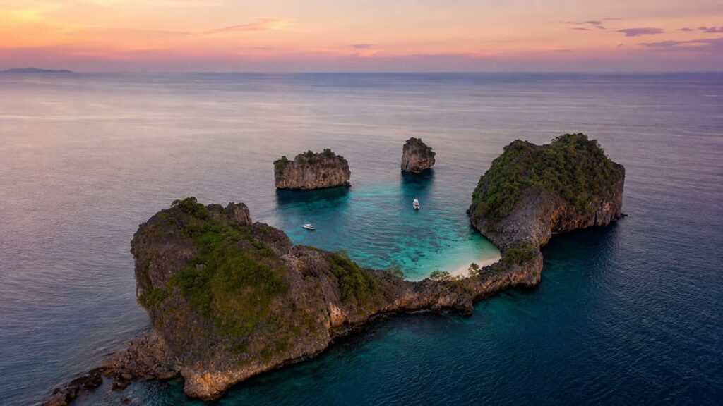 Aerial view of Koh Haa near Koh Lanta at dusk, featured among the best islands in Southern Thailand